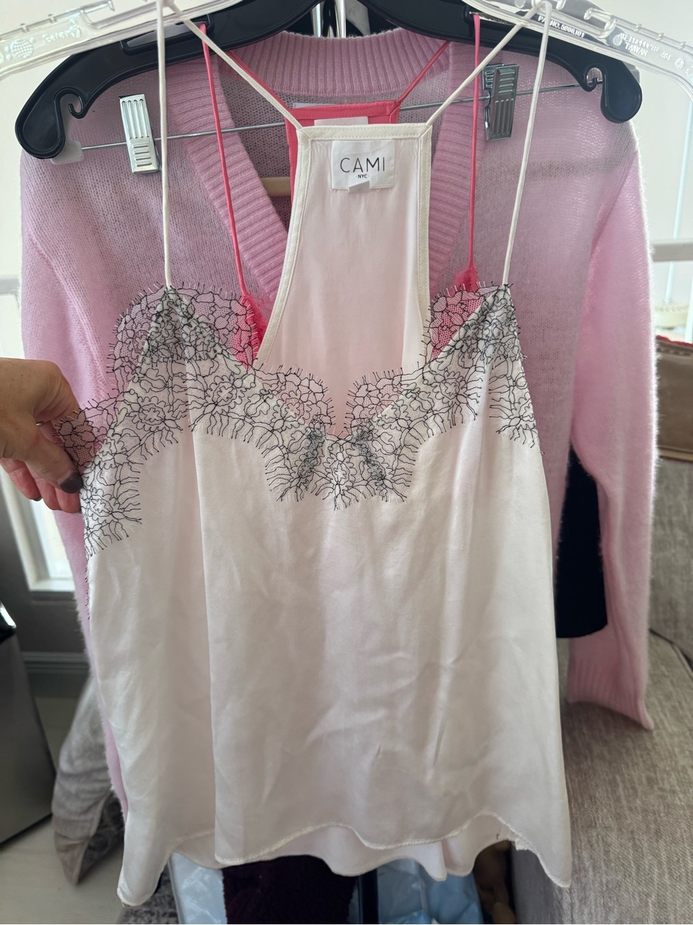Cami NYC Ivory/White 100% Silk Cami with Black Lace Trim